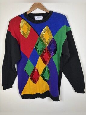 Vintage Early 90s Santoria Sequin Geometric Colorblock Sweater Womens M Abstract